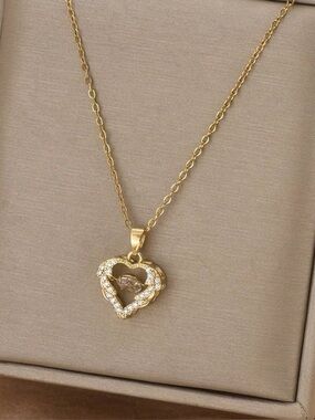 Gold Heart Crystal Clear Pendant Necklace.